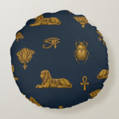 Minimalist Navy & Antique Gold Egyptian Pattern ラウンドクッション (裏面)
