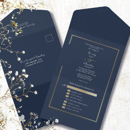 Minimalist Navy Background Gold Frame Wedding  オールインワン招待状
