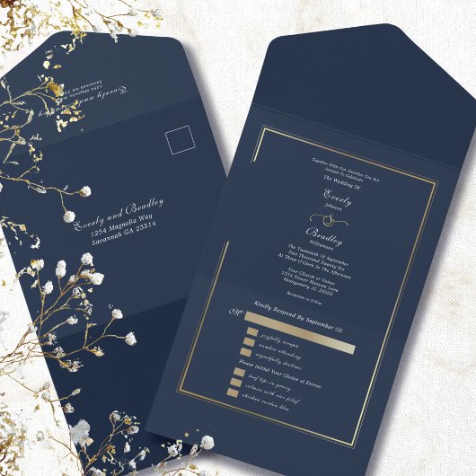 Minimalist Navy Background Gold Frame Wedding  オールインワン招待状