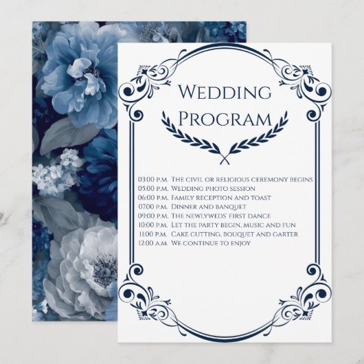 Minimalist Navy Blue and White Wedding Program プログラム (正面/裏面)