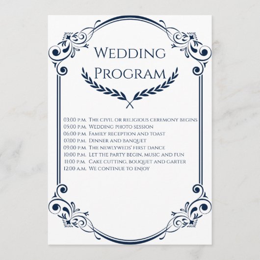 Minimalist Navy Blue and White Wedding Program プログラム (正面)