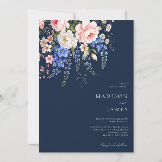 Minimalist Navy Blue Boho Wildflower Wedding 招待状 (正面)