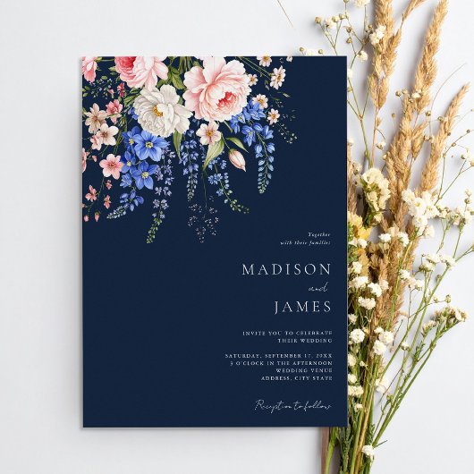 Minimalist Navy Blue Boho Wildflower Wedding 招待状