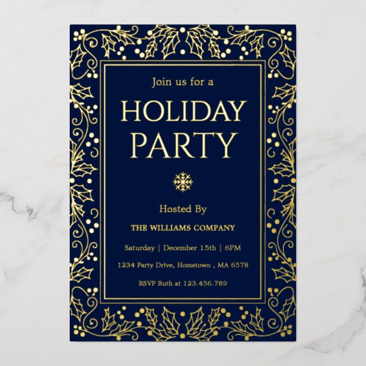 Minimalist Navy Blue & Gold Holiday Gathering 箔招待状 (正面)