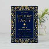 Minimalist Navy Blue & Gold Holiday Gathering 箔招待状 (立ち正面)