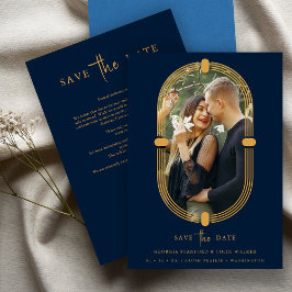 Minimalist Navy Blue & Gold Vintage Oval Wedding セーブザデート