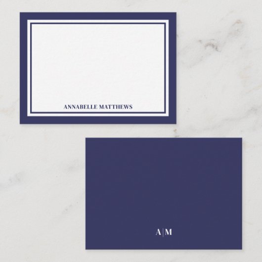 Minimalist Navy Blue Two Border Monogram ノートカード (正面/裏面)