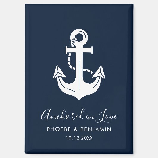 Minimalist Navy Custom Name & Date Anchor Wedding マグネット (正面)