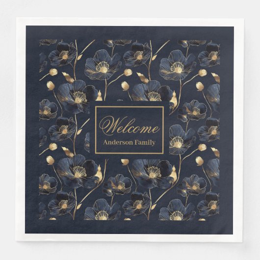 Minimalist Navy Napkins Gold Flowers Monogram Art (正面)