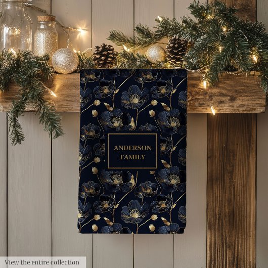 Minimalist Navy Towel Gold Flowers Monogram Touch キッチンタオル