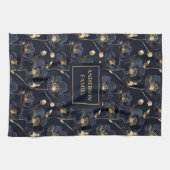 Minimalist Navy Towel Gold Flowers Monogram Touch キッチンタオル (横)