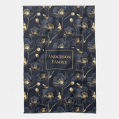 Minimalist Navy Towel Gold Flowers Monogram Touch キッチンタオル (縦)