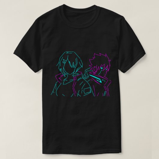 Minimalist Neon Pink & Blue Cyberpunk Anime Couple Tシャツ (デザイン正面)