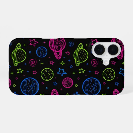 Minimalist Neon Space & Planets Night Sky Pattern iPhone 16ケース (裏面横)