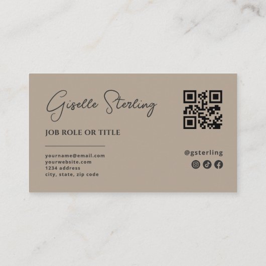 Minimalist Neutral Taupe Company Script QR Code 名刺 (裏面)