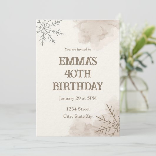 Minimalist Neutral Winter 40th Birthday Invitation 招待状 (スタンド正面)