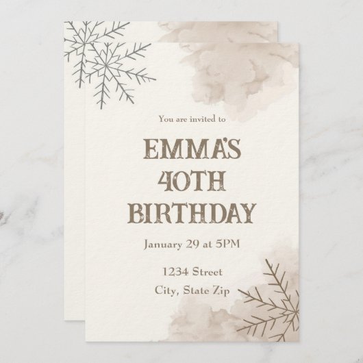 Minimalist Neutral Winter 40th Birthday Invitation 招待状 (正面/裏面)
