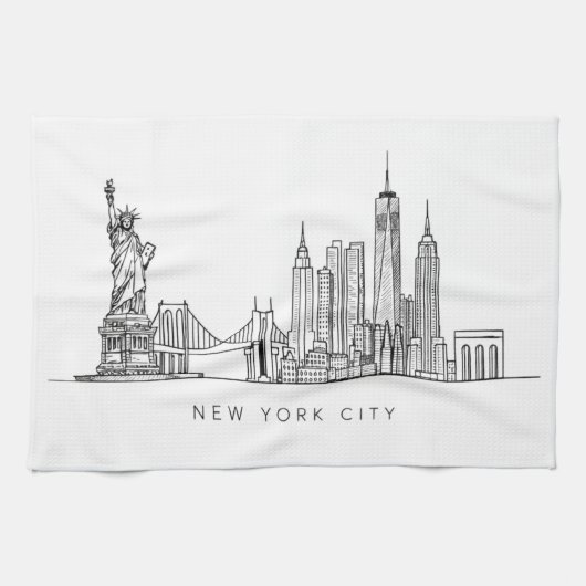 Minimalist New York City Skyline Line Art キッチンタオル (横)