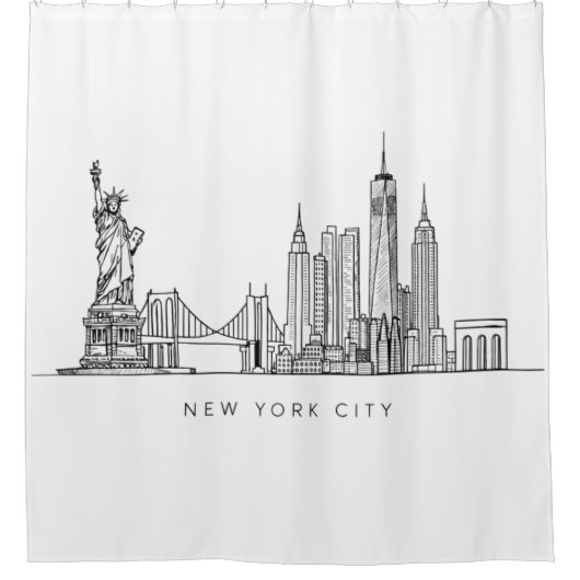 Minimalist New York City Skyline Line Art シャワーカーテン (正面)