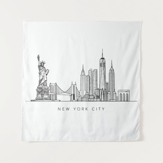 Minimalist New York City Skyline Line Art タペストリー (正面)