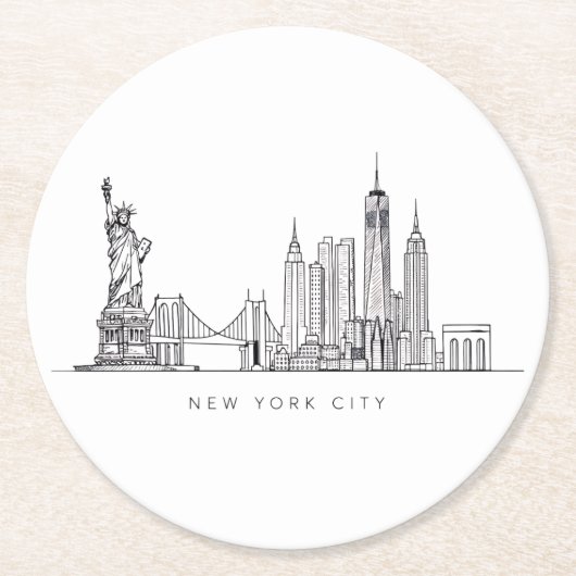 Minimalist New York City Skyline Line Art ラウンドペーパーコースター (正面)