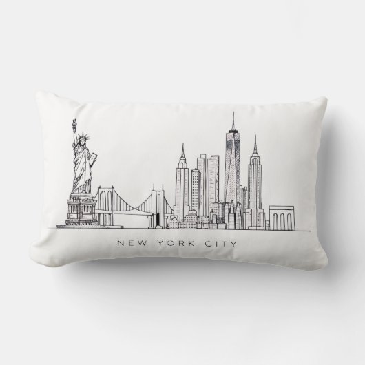 Minimalist New York City Skyline Line Art ランバークッション (正面)