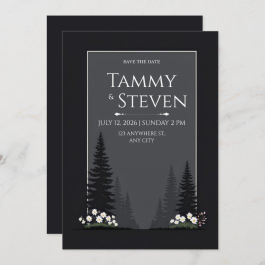 Minimalist Nordic Forest Silhouette Wedding 招待状 (正面/裏面)