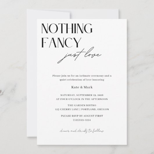 Minimalist Nothing Fancy Just Love Micro Wedding 招待状 (正面)