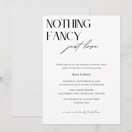 Minimalist Nothing Fancy Just Love Micro Wedding 招待状 (正面/裏面)