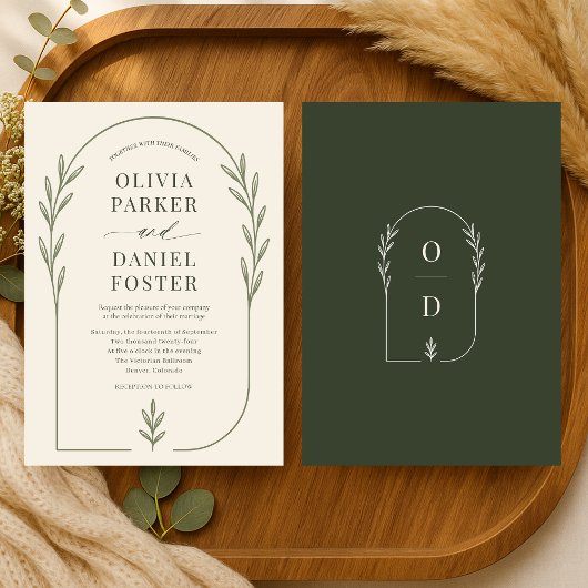 Minimalist Olive Green Boho Arch Wedding 招待状