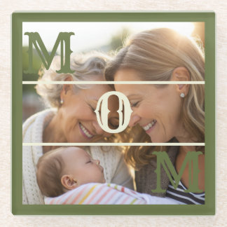 Minimalist Olive Green Custom Photo Mom Keepsake ガラスコースター