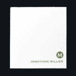 Minimalist Olive Green Initial and Name ノートパッド<br><div class="desc">This elegant,  simple notepad features classic block typography your initial and name or custom text of your choice.</div>