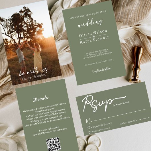Minimalist Olive Green Wedding RSVP Card Template 
