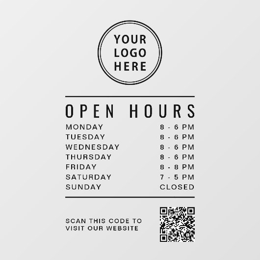 Minimalist Open Hours QR Code Business Logo ウィンドウサイン (シート)