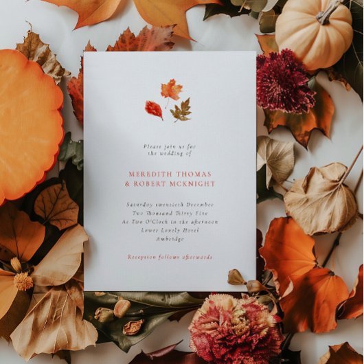 Minimalist Orange Autumn Leaves Wedding 招待状