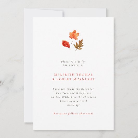 Minimalist Orange Autumn Leaves Wedding 招待状 (正面)