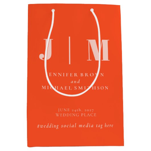 Minimalist Orange Pink Simple Gift Wedding ミディアムペーパーバッグ (正面)