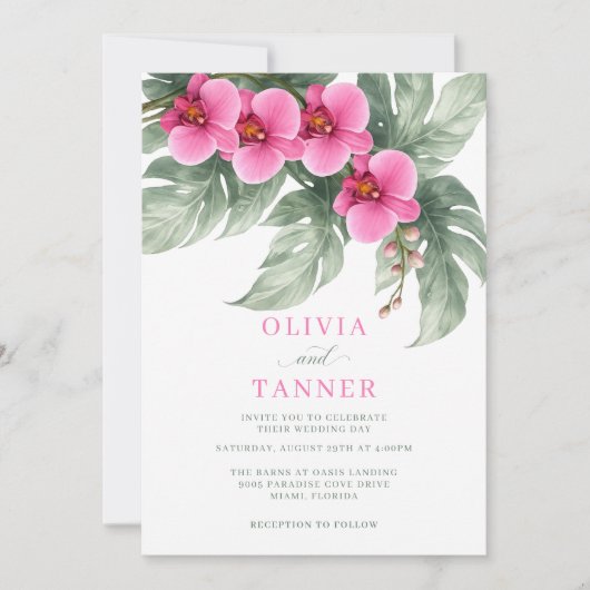 Minimalist Orchid Wedding Invitation Pink Green El 招待状 (正面)