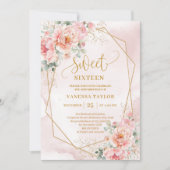Minimalist Pale Pink Gold Peonies Sweet 16 Invites 招待状 (正面)