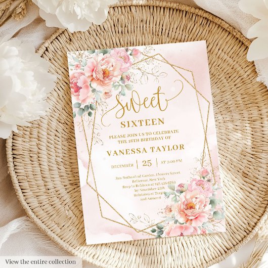 Minimalist Pale Pink Gold Peonies Sweet 16 Invites 招待状
