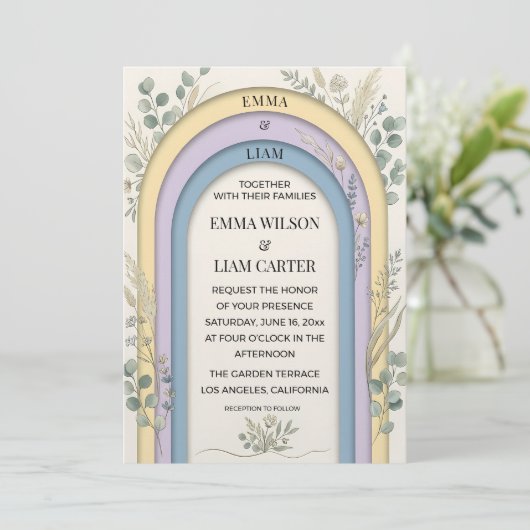 Minimalist Pastel Arch Frame Botanical Wedding 招待状 (スタンド正面)