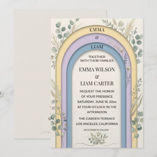 Minimalist Pastel Arch Frame Botanical Wedding 招待状 (正面/裏面)