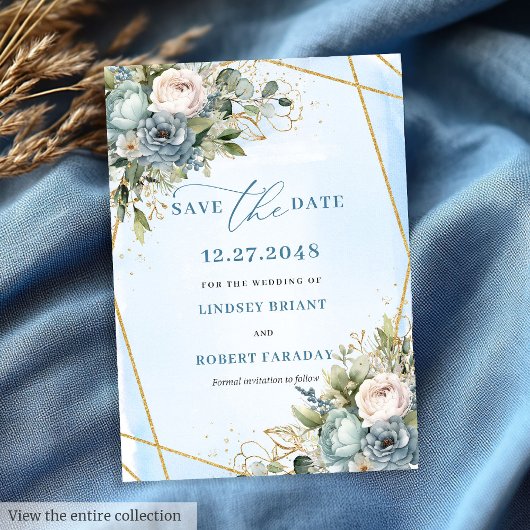Minimalist Pastel Blue White Gold Peony Save Date 招待状