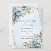 Minimalist Pastel Blue White Gold Peony Save Date 招待状 (正面)