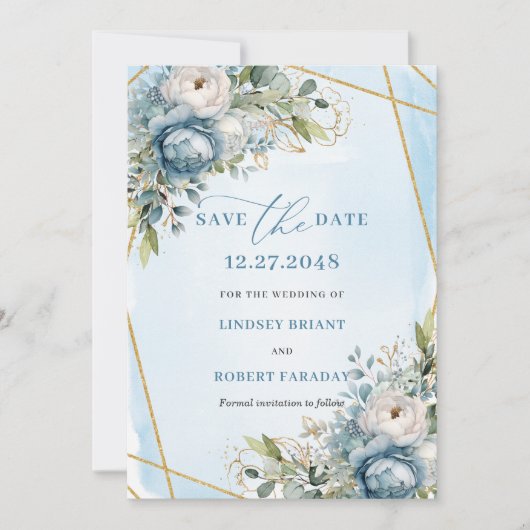 Minimalist Pastel Blue White Gold Peony Save Date 招待状 (正面)