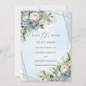 Minimalist Pastel Blue White Gold Peony Save Date 招待状 (正面)