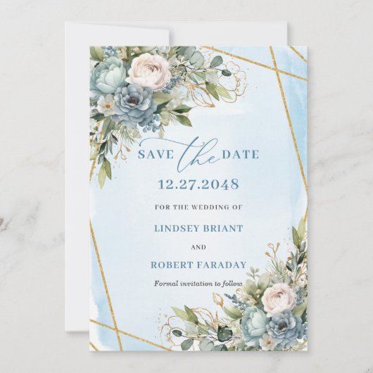 Minimalist Pastel Blue White Gold Peony Save Date 招待状 (正面)