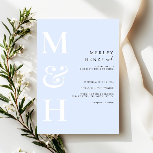 Minimalist Pastel Blue White Monogram Wedding 招待状