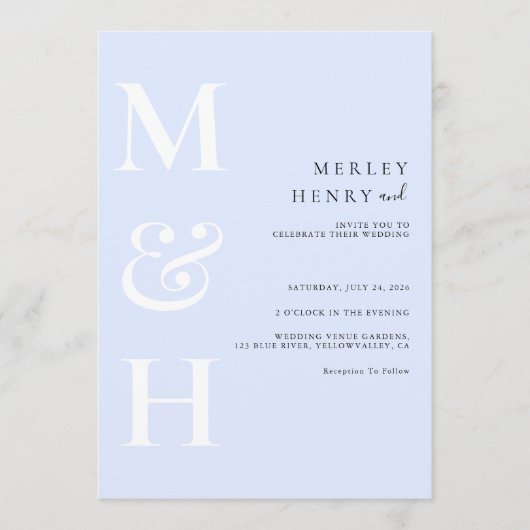 Minimalist Pastel Blue White Monogram Wedding 招待状 (正面)