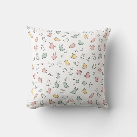 Minimalist Pastel Bunny and Bird Pattern クッション (正面)